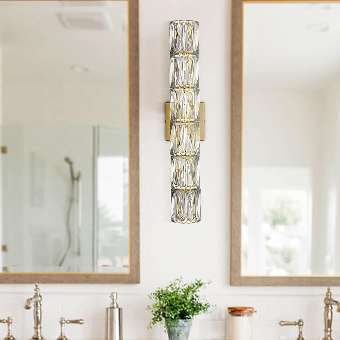 SAMTEEN 23.6-Inch Crystal Wall Sconce Gold Sconces Wall Lighting Mid-Century Modern 6-Light Wall Mount Light Brass Glass Wall Light Fixture for Bathroom Bedroom Hallway - Aura Lighting