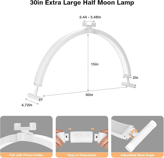 Half Moon Light for Nail Desk, 30'' Large Half Moon Desk Lamp with Phone Holder, Professional Nail Tech Light with 3 Color Modes and 5 Brightness for Manicure Salon and Handicraft (White)