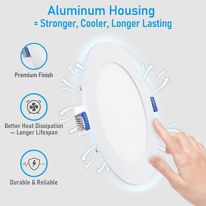 TORCHSTAR Basic Series 12-Pack 5CCT 6 Inch Ultra-Thin LED Recessed Lighting with J Box, CRI90, Aluminum, 2700K3000K3500K4000K5000K, 5%-100% Dimmable Slim Recessed Downlight, 12W 1100LM, ETL & ES