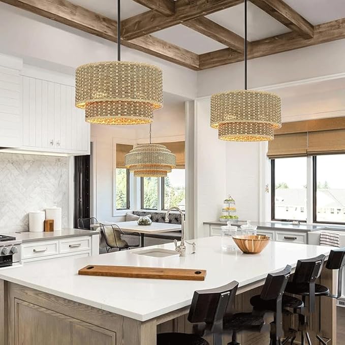 13.9inRattan Pendant Light,Japanese Retro Restaurant Bamboo Lighting Fixture,Wabi-Sabi Double Layer Column Chandelier,Handwoven Hanging Lamp,for Shop Living Room Tea Room Kitchen Island,E26