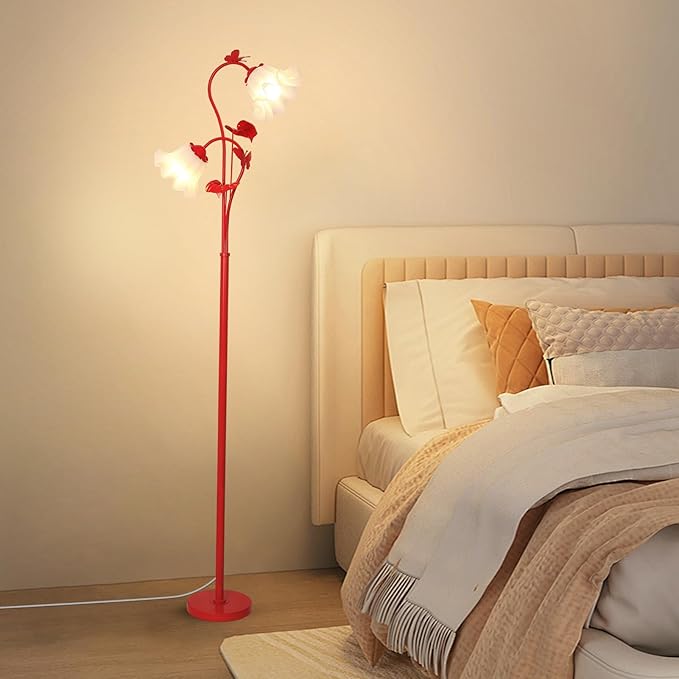 HMVPL Red Floor Lamp for Living Room, Flower Standing Lamp with 2 LED 5W Blubs, Foot Switch, Floral Tall Lamp with Acrylic Shade, Antique Lotus Flower Floor Lamp for Living Room Office Reading - Aura Lighting