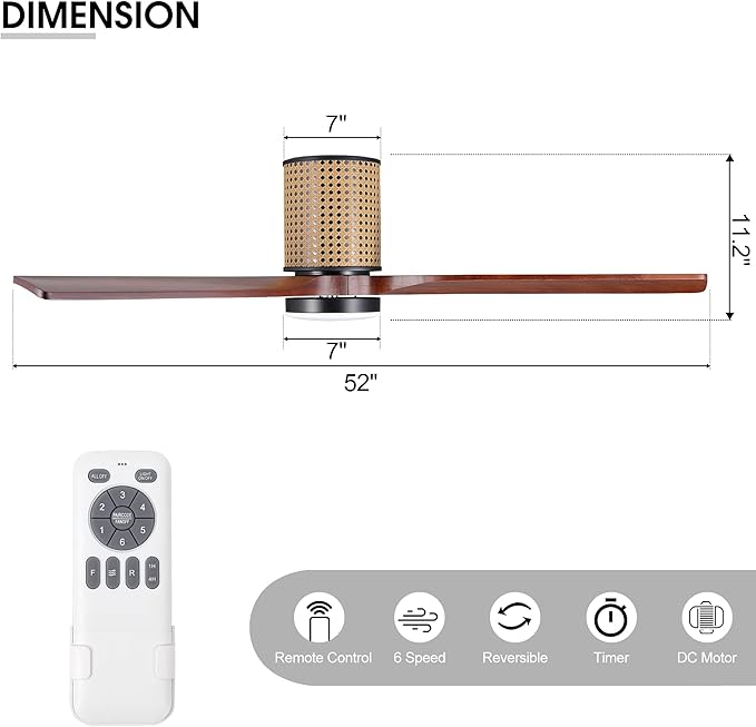 52" Ceiling Fan with Light - Low Profile Flush Mount Ceiling Fan, 6-Speed Remote Control, Solid Wood, Quiet Reversible DC Motor,Walnut/Black Finish, for Bedroom, Living Room, Porch - Aura Lighting