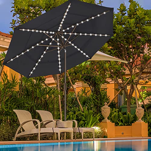 USA 10-Year-Non-Fading 9ft 3-Tier Market Patio Umbrella, Commercial Table Umbrella with 80 Solar LED Lights, Crank Open, Windproof & UPF 50+ UV Protection for Garden, Deck, Pool, Backyard, Black