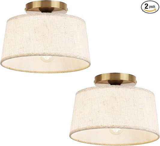 2P Modern Ceiling Light Fixture, 10 Inch Semi Flush Mount Lamp with Linen Shade, E26 Base, Gold for Kitchen Bedroom Hallway Closet Entryway Room Small Spaces, 2 Pack - Aura Lighting