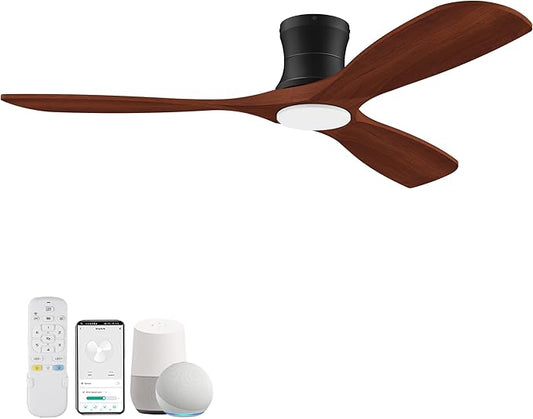 52” Smart Low Profile Ceiling Fans with Lights Remote,3 Wood blade,Quiet DC Motor,Outdoor Indoor Flush Mount Ceiling Fan,Voice Control via WIFI Alexa App,Modern Lighting& Ceiling fan for Bedroom Patio - Aura Lighting