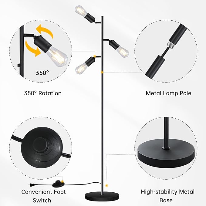 Industrial Standing Lamp with 3 Adjustable Rotating Lights - Tree Floor Lamp for Living Room, Bedroom, Home, Office (E26 Edison Bulb, Black)
