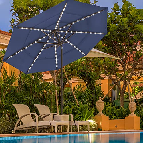USA 10-Year-Non-Fading 9ft 3-Tier Market Patio Umbrella, Commercial Table Umbrella with 80 Solar LED Lights, Crank Open, Windproof & UPF 50+ UV Protection for Garden, Deck, Pool, Backyard, Navy Blue