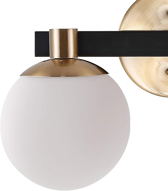JONATHAN Y 5.75" Brass Gold/Black Modern Globe LED Vanity Wall Sconce Light, White Frosted Glass Shade, Mid-Century Art Deco Wall Lamp for Bathroom, Kitchen, Hallway JYL3540A