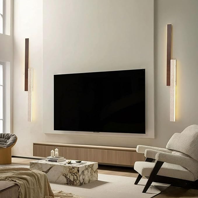 23.6 Inch Yellow Travertine Wall Lamp, Wabi-Sabi Art Lighting Fixture Nordic Modern Marble Wall Sconce, Japanese Style Natural Stone Wall Light for Bedside Bedroom Entryway Stairs Foyer