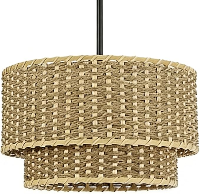 13.9inRattan Pendant Light,Japanese Retro Restaurant Bamboo Lighting Fixture,Wabi-Sabi Double Layer Column Chandelier,Handwoven Hanging Lamp,for Shop Living Room Tea Room Kitchen Island,E26