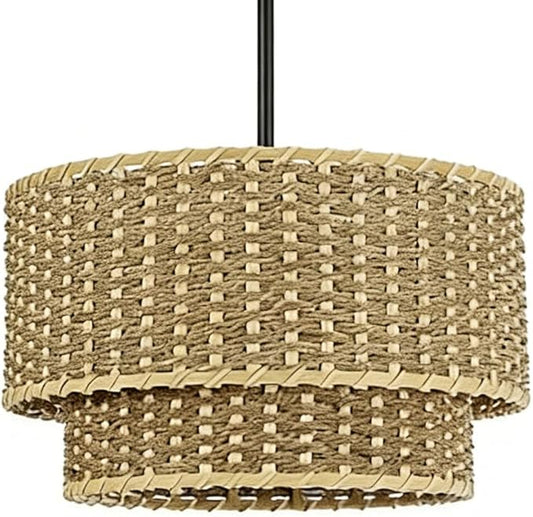 13.9inRattan Pendant Light,Japanese Retro Restaurant Bamboo Lighting Fixture,Wabi-Sabi Double Layer Column Chandelier,Handwoven Hanging Lamp,for Shop Living Room Tea Room Kitchen Island,E26