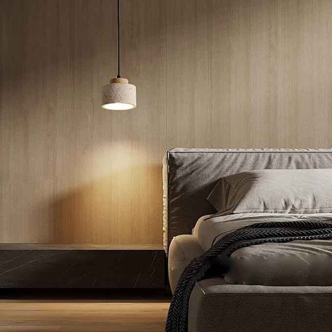 Set of 3 Japanese Travertine Hanging Lamps, Cylinder Natural Stone Pendant Lights Kitchen Island Adjustable Small Chandelier for Dining Room Bedside(Wood,15cm/5.90in)