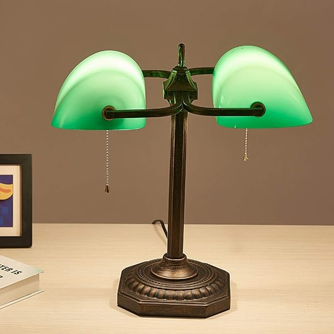Banker Lamp Green Shade Double Head Retro Traditional Desk Lamps Pull Chain Office Study Simple Designs Eye Caring Reading Lights