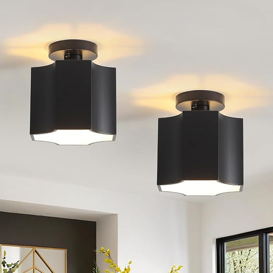 Modern Farmhouse Black Ceiling Light 2 Pack,Industrial Semi Flush Mount Ceiling Lighting Fixture,l Hallway Lighting Fixtures for Kitchen,Bedroom,Foyer,Entryway,Laundry Room,1-Light,7.87in
