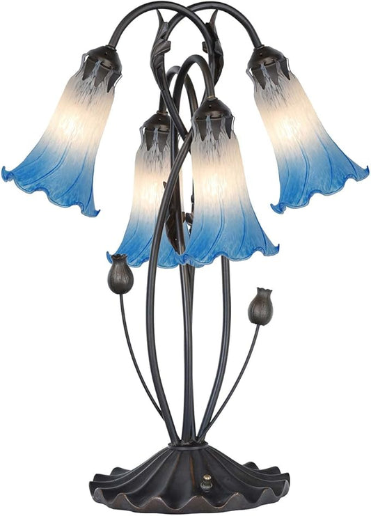 Bieye L10854 Lily Flower Blown Glass Accent Table Lamp for Living Room Bedroom Decoration (4-Light, Blue)