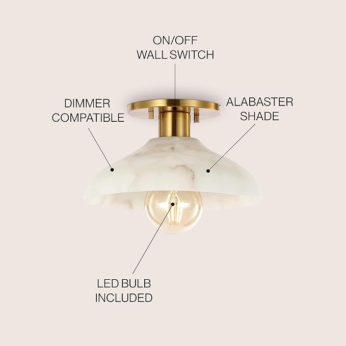 JONATHAN Y 10" White/Brass Gold Modern LED Semi Flush Mount Ceiling Fixture, Alabaster Shade for Hallway Bedroom Foyer, Mid-Century Dimmable Lamp, Edison LED Bulb Included JYL1207A