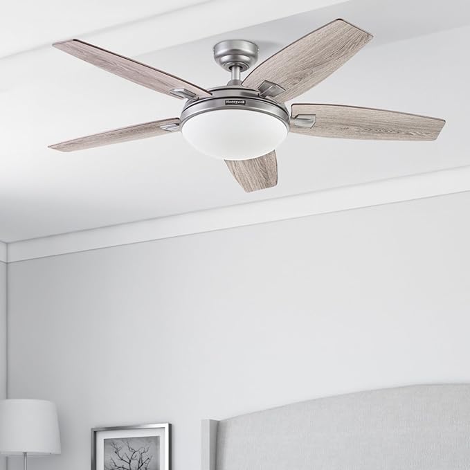 Honeywell Ceiling Fans Carmel Modern 48 Inch Ceiling Fan with Light, Remote Control Fan, LED Indoor Fan with 5 Blades, Gray Oak and Brown Chestnut Blade Finish Options, Silver (51627-01)