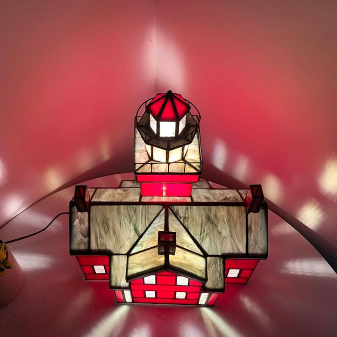 Bieye L10926 Big Bay Point Lighthouse Tiffany Style Stained Glass Accent Table Lamp for Home Decor