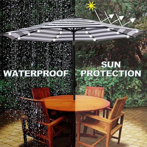 9 ft Solar Umbrella 32 LED Lighted Patio Umbrella Table Market Umbrella with Tilt and Crank Outdoor Umbrella for Garden