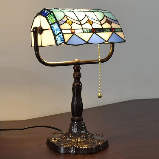 (4 Variation) Tiffany Bankers Lamp,Handmade Tiffany Table Lamp,Decorative Mediterranean Lamp,Victorian Lamps,Stained Glass Lamp for Living Room Bedroom Bedside Office,Blue a