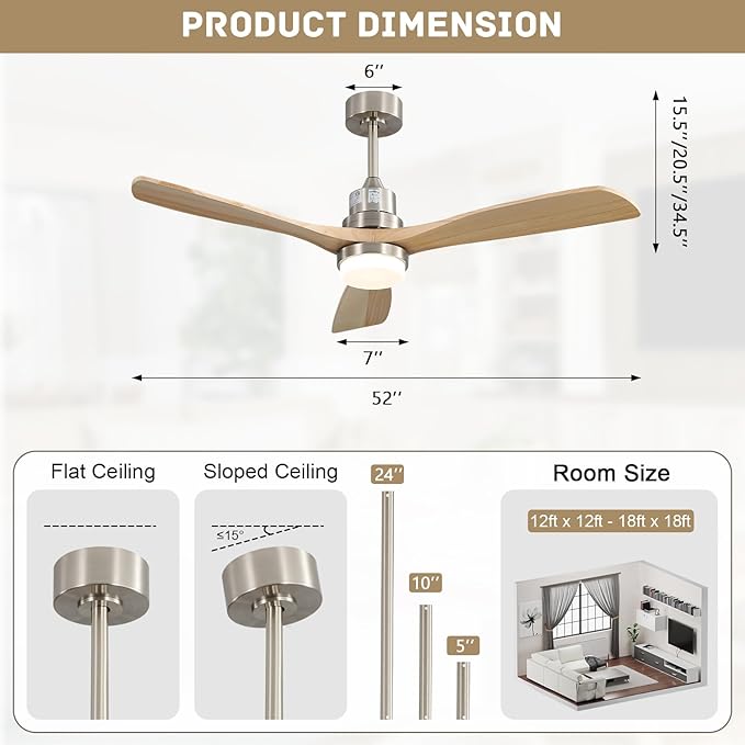 Sofucor 52 Inch Smart Ceiling Fan, Indoor/Outdoor Ceiling Fans with Lights and Remote, Work with Alexa/Google/APP, 6-Speed, Quiet DC Motor, Solid Wood 3 Blade Ceiling Fan for Bedroom Living Room Patio