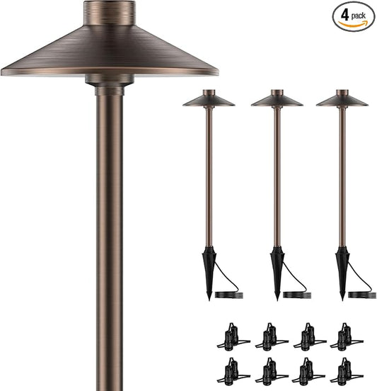 ZONEGRACE 4 Pack Solid Brass Low Voltage Pathway Lights,Outdoor Wired LED Landscape Path Lights,AC/DC 12V Bronze Pathway Lighting for Walkway Garden Yard,UL Listed Cord,Without Replacement Bulbs - Aura Lighting