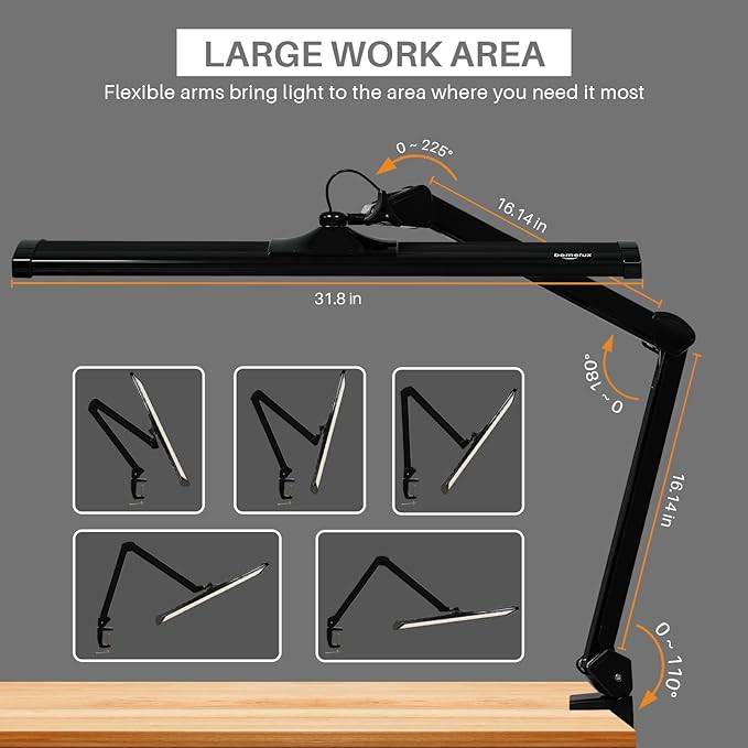 LED Architect Desk Lamp, 4500 Lumens, Dimmable, Metal Swing Arm, 5 Color Temperatures, 50W, Ideal for Task Work, Drafting, Reading, Clamp-on Office Table Lamp with 684 Bright LEDs (Black, CCT) - Aura Lighting
