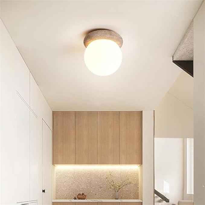 E26/E27Natural Yellow Travertine Semi Flush Mount Ceiling Light, 6-Inch Round Frosted Glass Globe, E26 Wabi-Sabi Japandi Style, Modern Minimalist Decor or Hallway, Entryway