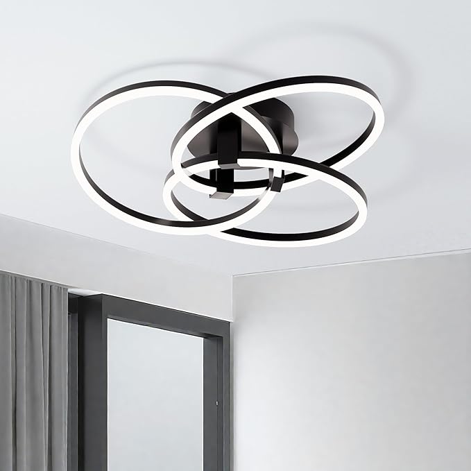 Maxax 3 Ring LED Ceiling Light Fixture, 23"W * 7.5"H, Circle Modern Semi Flush Mount Chandelier, AL Alloy Frame, 45W Dimmable, ETL, for Bedrooms, Living room, Kitchen, Entryway, Hallway, Matte Black