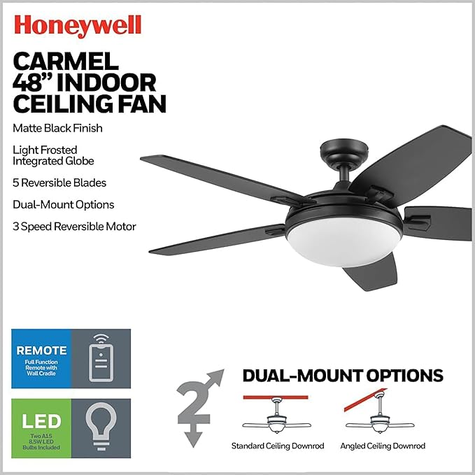 Honeywell Ceiling Fans Carmel, 48 Inch Contemporary Indoor LED Ceiling Fan with Light, Remote Control, Dual Mounting Options, Dual Finish Blades, Reversible Motor - 51912-01 (Black)