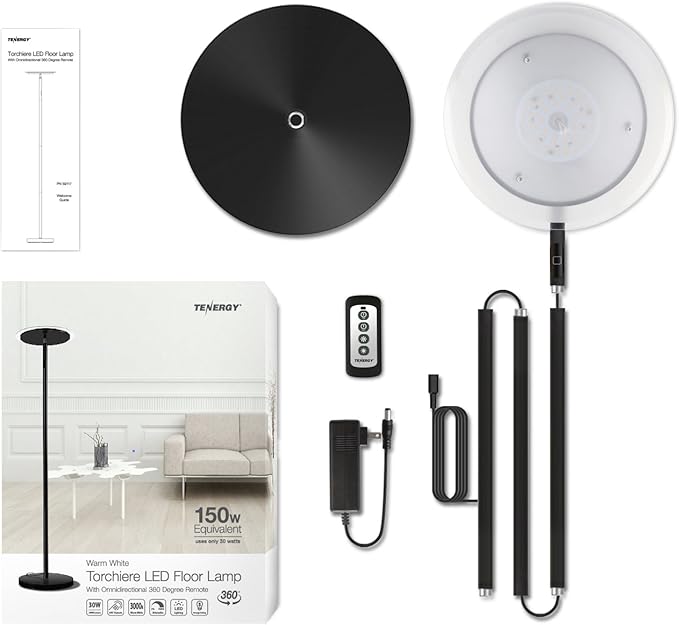 Tenergy Modern Torchiere Floor Lamp, 3000L LED, 30W, Remote Control, Touch Dimmer, 90° Adjustable, Warm White