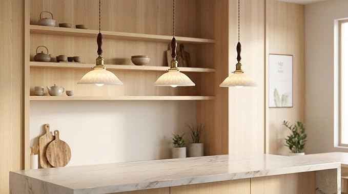 Pendant Light Hanging Lamp Ceiling Light Fixture Pleated Ceramic Shade Walnut Wood Accent Pure Brass Hardware 9.25 Inch for Kitchen Island Dining Room Bedroom Bedside Hallway Corridor Bar(B)