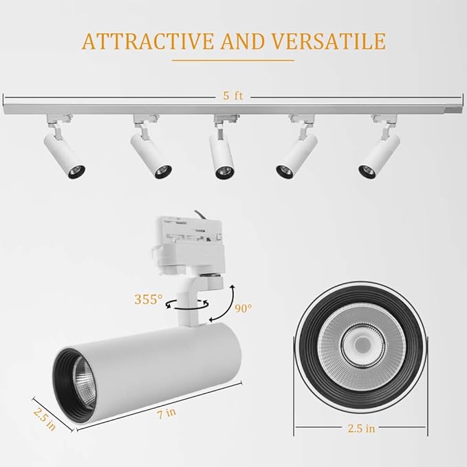 UPO 5-LED Track Lighting kit, 1500lm/15w CRI90 4000K 24°Beam Angle, Ceiling Spot Lighting for Kitchen, Living Room, Bedroom，Adjustable Track Head Easy Installation, LED Bulbs Included, White - Aura Lighting