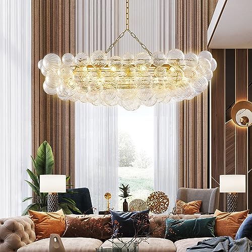 Nordic Bubble Ball Swirled Glass Long Chandelier 50 Inches Gold and Clear