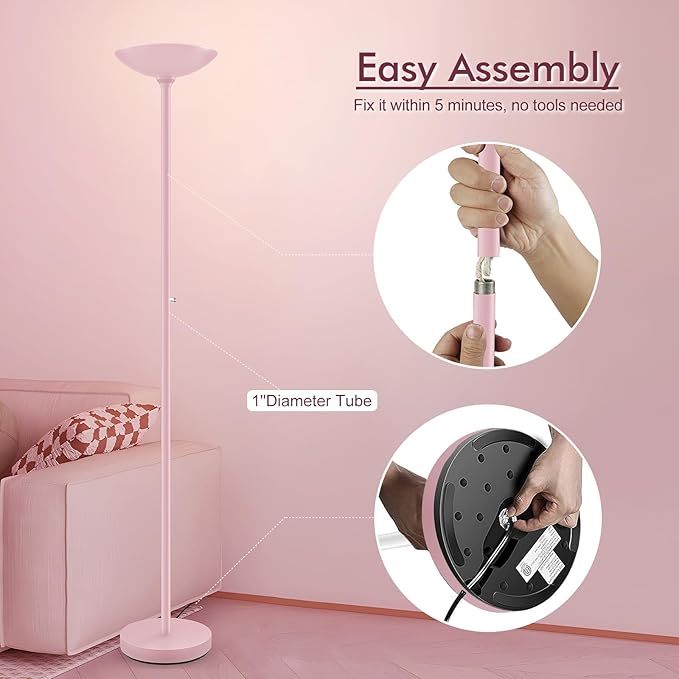 30W Pink Torchiere Floor Lamp, 3600LM Super Bright LED Pole Lamp, 71Inch Tall Stepless Dimmable Torch Lamp, 1Inch Thick Metal Tube, Rotary Switch, Modern Standing Lamp for Living Room/Bedroom/Office - Aura Lighting