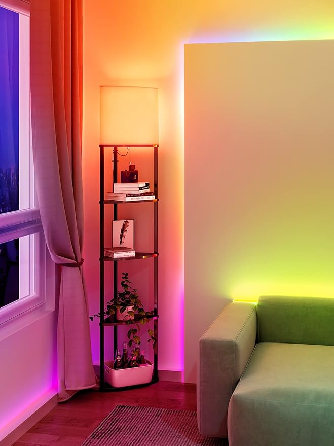 addlon 5-Tier Corner Shelf Floor Lamp with Type C, USB Port & 1 Power Outlet and 3CCT LED Bulb, Modern Display Lamp for Narrow Corner Bookshelf lamp for Living Room, Bedroom, Office - Black