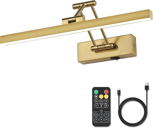 Rechargeable Lights for Pictures on Wall Battery Operated Brass 15.7 Inch Wall Lights with Swing Arm and Timer Function Cordless Art Light with Remote Timer for Paintings,Gallery