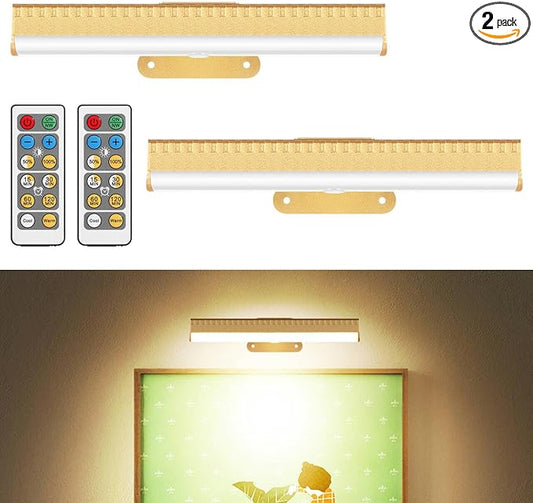 2Pcs Picture Light for Wall Dimmable,Remote Painting Light with Timer,Art Display Lighting with 3 Color, Battery Operated Led Accent Lights for Poster Frame Gallery Portrait Artwork-Gold
