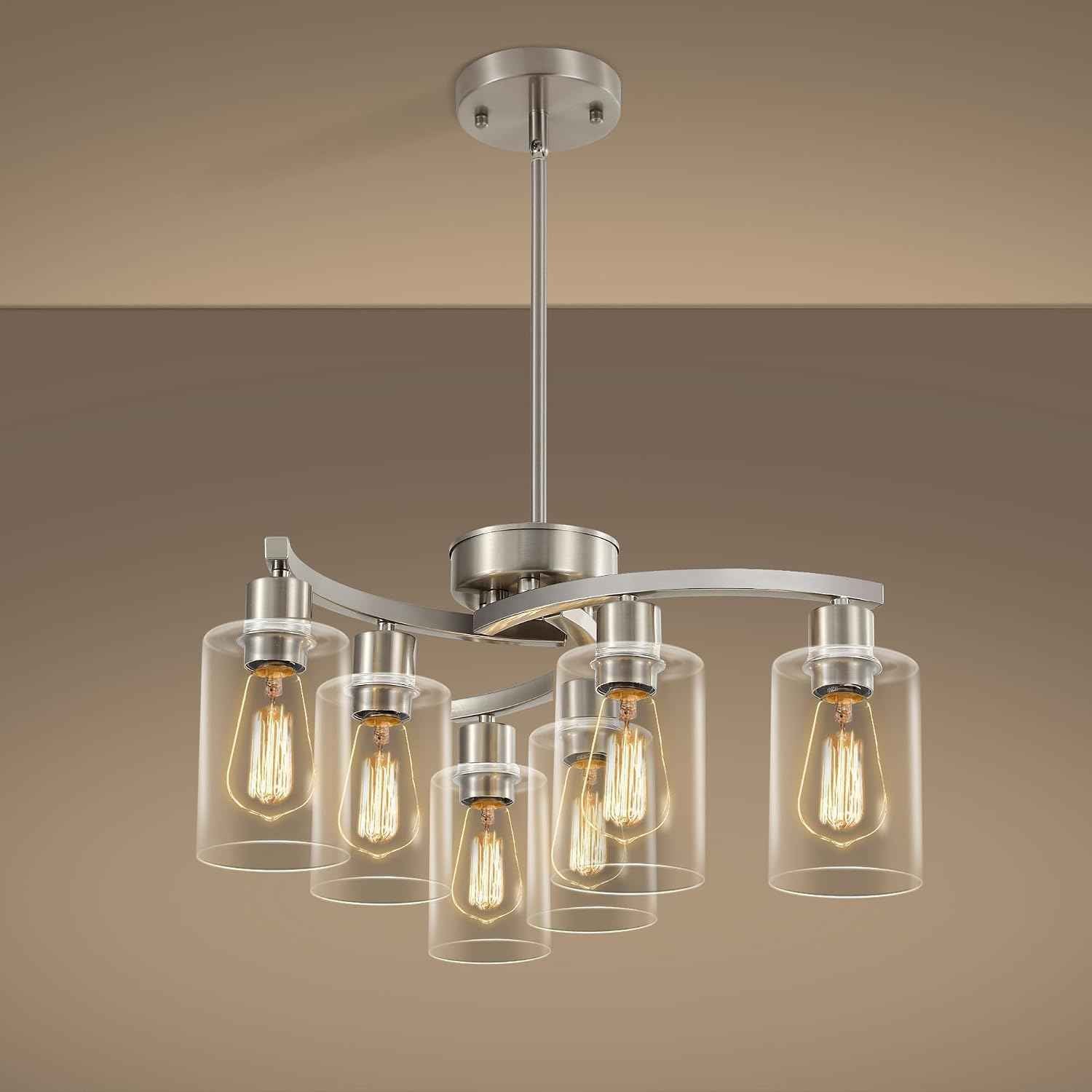 Sigaitwei 6 Light Farmhouse Brushed Nickel Chandelier,21.7" Modern Chandeliers for Dining Room Light Fixtures Over Table,Pendant Lights Kitchen Island,Metal Bracket with Downward Clear Glass Shade
