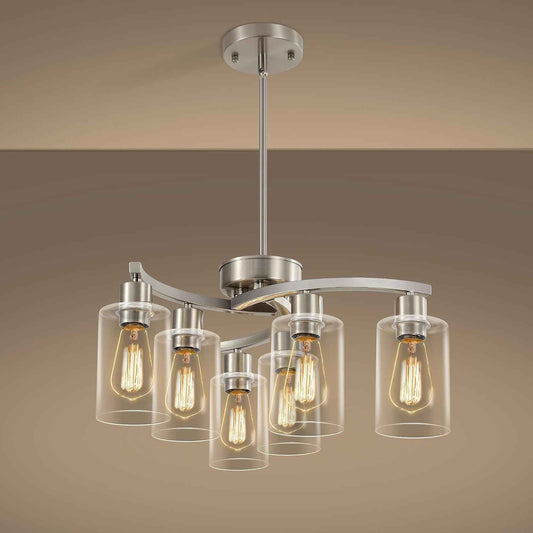 Sigaitwei 6 Light Farmhouse Brushed Nickel Chandelier,21.7" Modern Chandeliers for Dining Room Light Fixtures Over Table,Pendant Lights Kitchen Island,Metal Bracket with Downward Clear Glass Shade