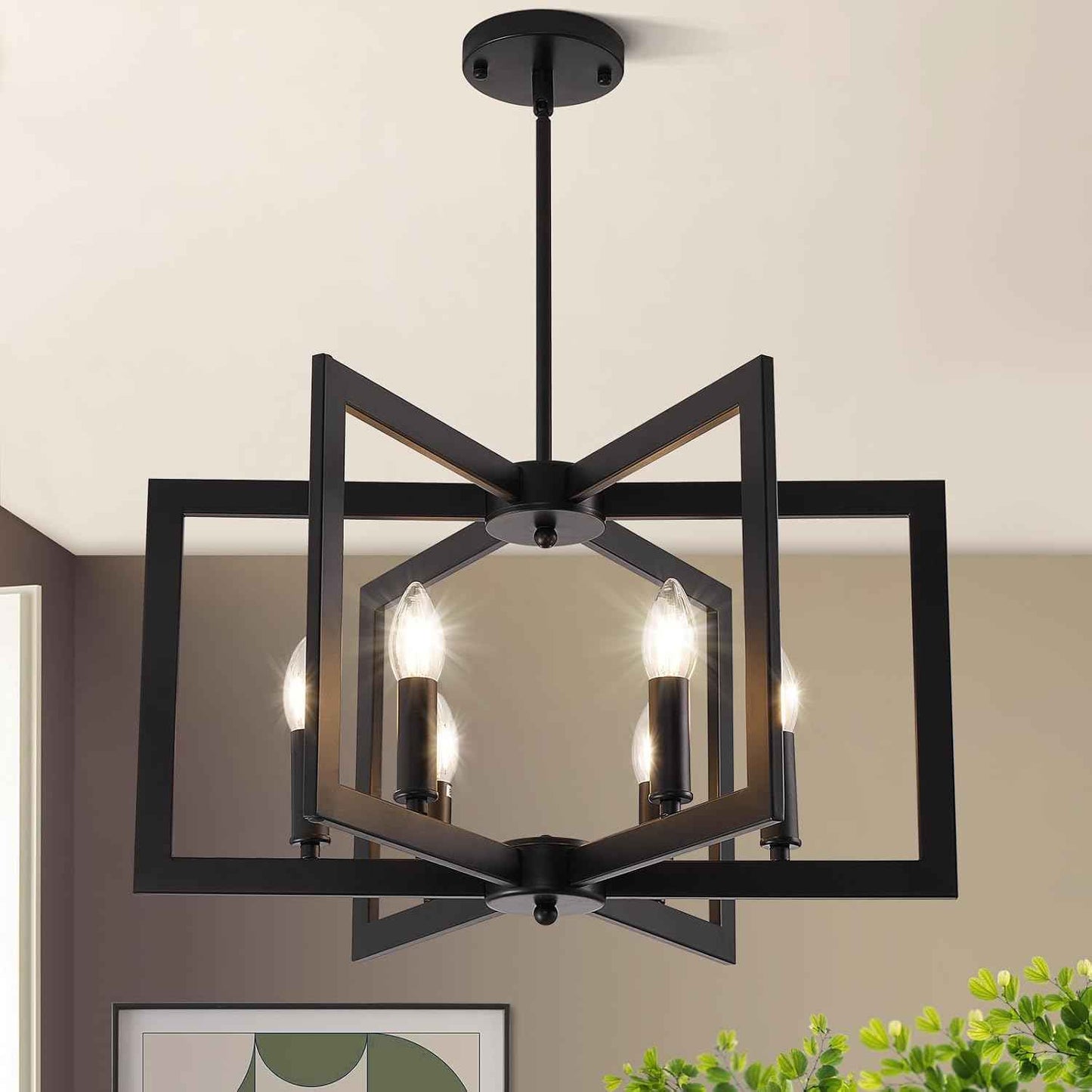 22" Black Chandelier for Dining Room, 6-Light Geometric Farmhouse Dining Room Fixture, Modern Foyer Lighting Fixtures, Industrial Hanging Pendant Lights for Kitchen Island, Living Room, Entryway