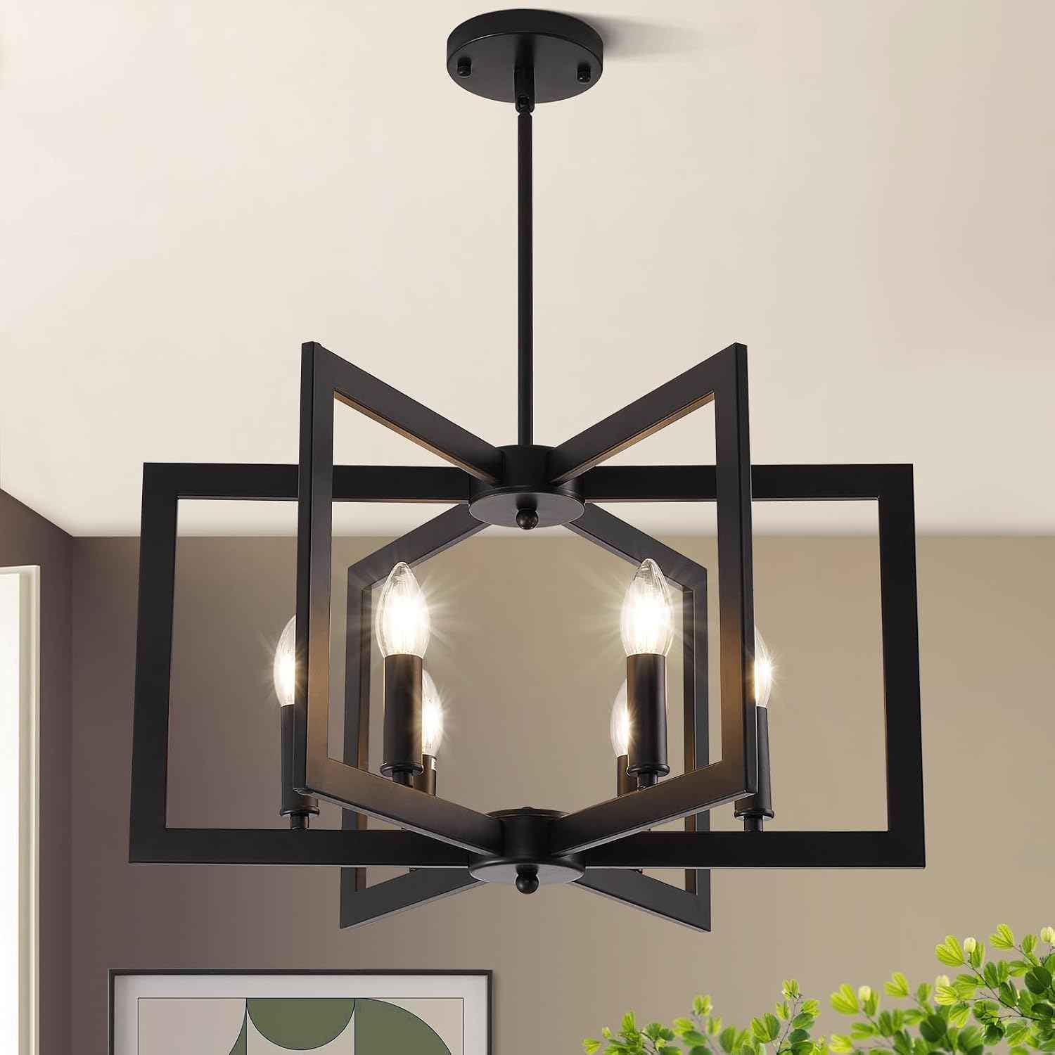 22" Black Chandelier for Dining Room, 6-Light Geometric Farmhouse Dining Room Fixture, Modern Foyer Lighting Fixtures, Industrial Hanging Pendant Lights for Kitchen Island, Living Room, Entryway