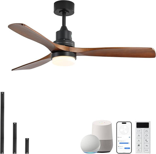 Sofucor Smart Ceiling Fan with Light, 52 Inch Solid Wood Ceiling Fans with Lights and Remote,Work with Alexa/Google, Low Profile Indoor/Outdoor Ceiling Fan, Quiet DC Motor, for Bedroom Patio Farmhouse