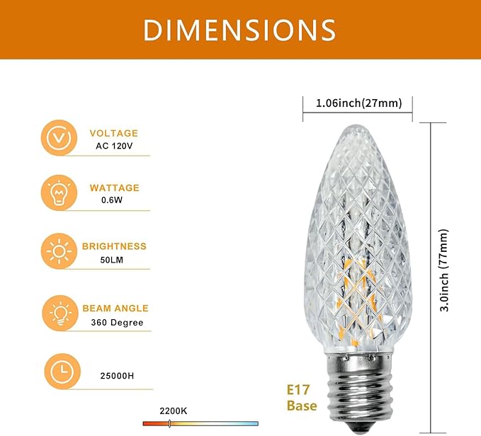 50 Pack C9 Led Christmas Light Bulbs, C9 Replacement LED Bulb for Outdoor String Light, C9 Shatterproof Led Bulb with E17 Base, Christmas String Light Bulb, Commercial Grade 2200K Warm White
