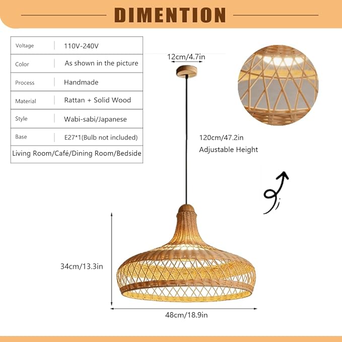 Rattan Wicker Pendant Light,Japanese Wabi-Sabi Vintage Bamboo Chandelier,Zen Natural Handwoven Hanging Lamp with Solid Wood Ceiling Plate,Living Room Fixture for Dining Room Bedside