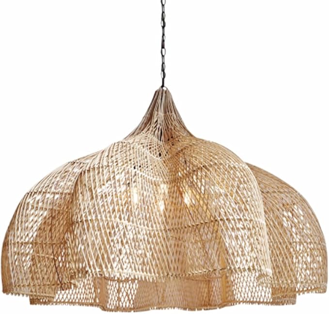 Vintage Tropical Restaurant Ceiling Mount Chandelier Southeast Asian Hotel Hall Pendant Light Shade Handmade Rattan Wabi-sabi Style Semi Flush Mount Ceiling Light Fixture with Metal Chain