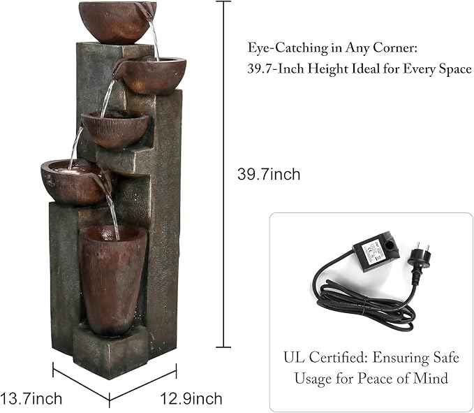 SunJet 5-Tier Outdoor Water Fountain Resin Fountain Decor with LED Lighting Natural Polyresin Looking Stone Decor for Garden Patio Fold Court Yard Deck 12.99" L x 13.78" W x 39.76" H
