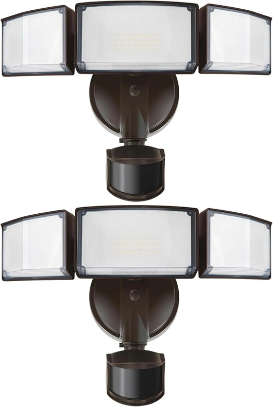 LUTEC 2 Pack 72W 7500LM LED Security Lights Motion Sensor Light Outdoor, 5000K Daylight, IP65 Waterproof, Dusk to Dawn, 3-Head Motion Detected Flood Light for Garage, Yard, Porch(Brown) - Aura Lighting