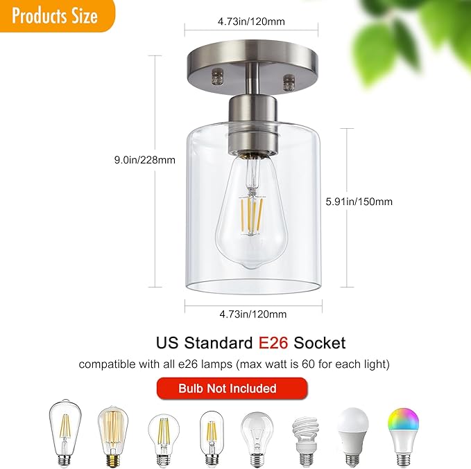 1 Light Semi Flush Mount Ceiling Light, Brushed Nickel Ceiling Light Fixtures, Modern Light Fixtures Ceiling Mount, Ceiling Lights with Glass Shade for Hallway Kitchen Foyer Porch Bedroom-1pack - Aura Lighting