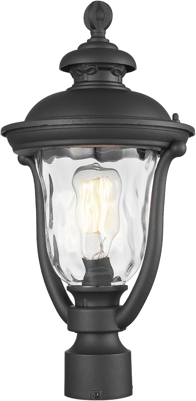 Outdoor Post Lights, Modern Exterior Lamp Posts Light Fixtures, Waterproof and Anti-Rust Aluminum Outside Pole Latern for Porch Patio Garden, Water Ripple Glass Lamp Shade, Black Finish